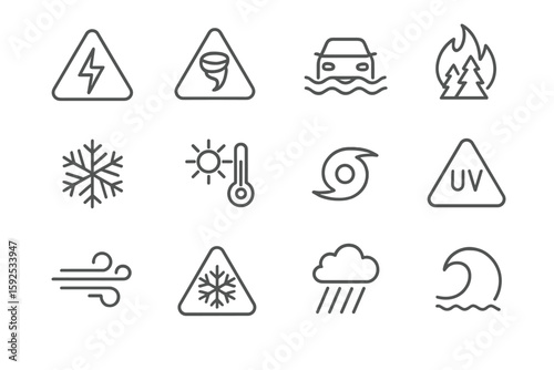 Various weather and environmental warning icon set on grayscale background