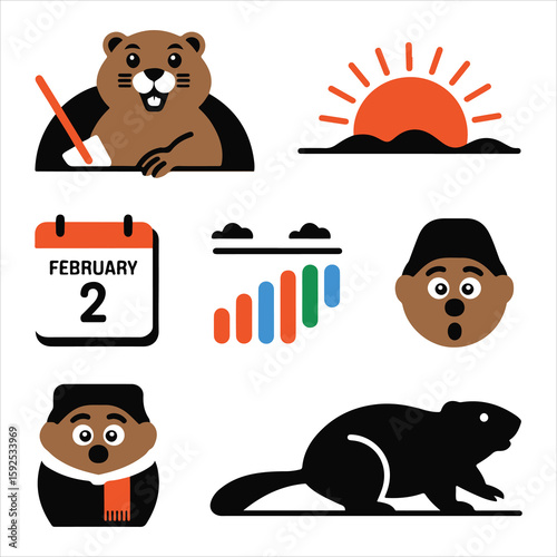 Groundhog Day Flat Vector Set, Weather Prediction Rodent Character Illustration