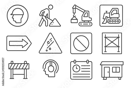 Construction safety icons: equipment, signs, and precautions