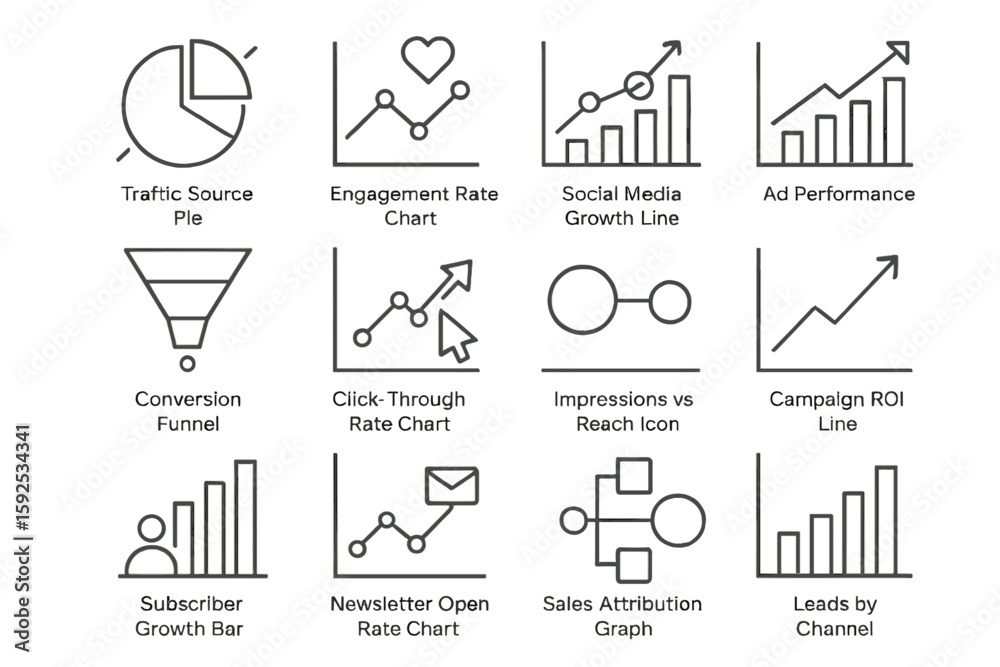 Fototapeta premium Data analytics icons: charts, graphs, and metrics for business insight