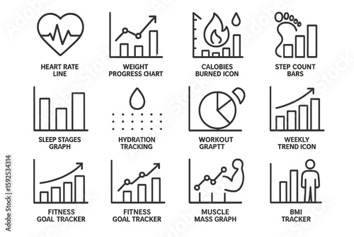 Fitness health monitoring icons: heart rate, calories, hydration, workout, bmi