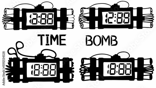 Illustration of four time bombs with digital displays and dynamite sticks in black and white design style