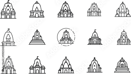 Hindu Temple Outline Icon Set  Minimal Indian Temple Vector Collection in Line Art Style .