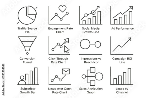 Data analytics icons: charts, graphs, and metrics for business insight