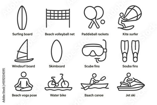 Beach activity icons featuring sports equipment and watercraft symbols
