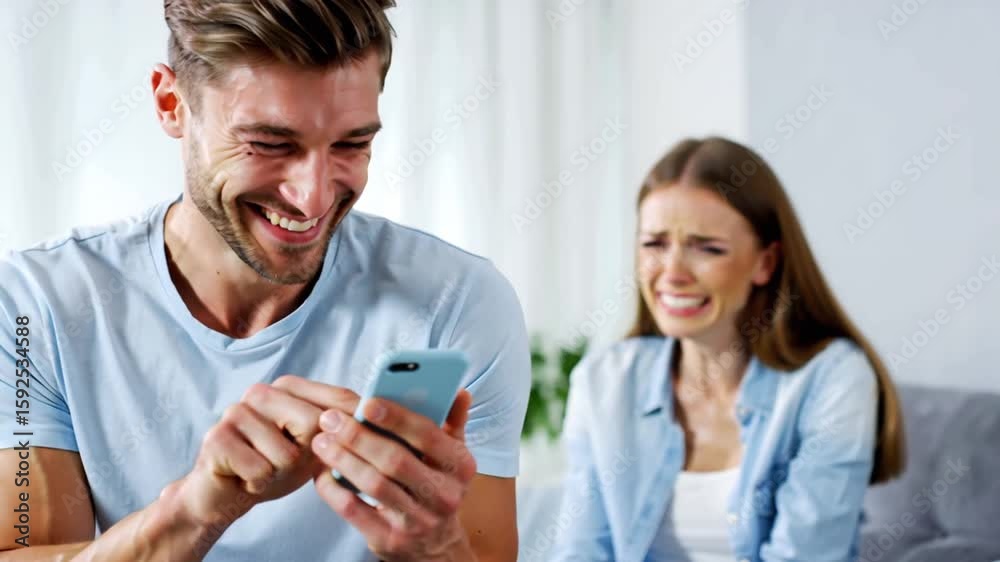 a cheerful man is texting someone on his smartphone, his sad wife is next to him in the apartment a cheerful man is texting someone on his smartphone, his sad wife is next to him in the apartment