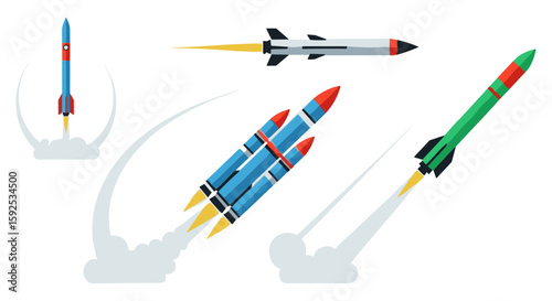 A vibrant collection of stylized rockets and missiles in various launch and flight stages, representing innovation, space exploration, and defense.