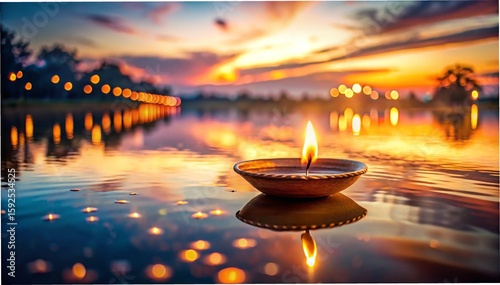 Burning candles glowing on the dark water at sunset