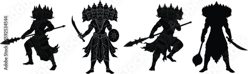 Silhouette Vector Illustrations of Ravana in Warrior Poses with Traditional Weapons Ten-Headed Demon King from Hindu Mythology