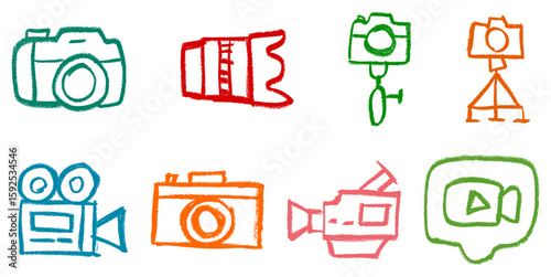 Camera Filming Related Icon Crayon Chalk Drawing Doodle Vector