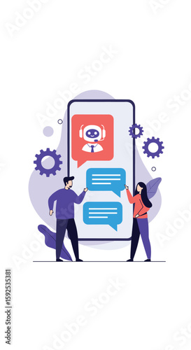 Modern digital communication illustration showcasing chatbot technology and user interaction on a mobile device with animated gears suggesting automation and efficiency