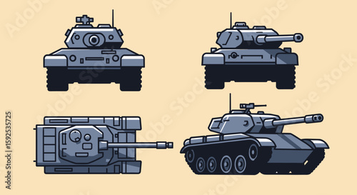 Detailed vector illustration of a military tank shown from four different angles, ideal for video games, military publications, or educational materials, featuring a sleek design and accurate