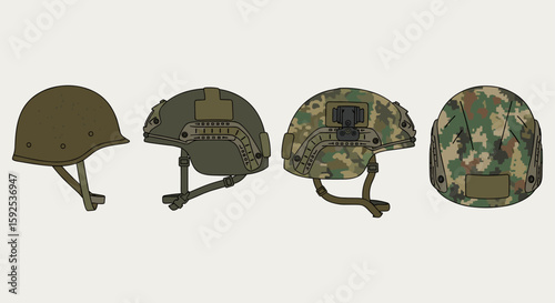 Collection of military helmets showcasing different designs and camouflage patterns, representing modern protective headwear for soldiers.