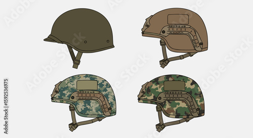 Four detailed illustrations of military and tactical helmets, including classic olive drab and modern camouflage designs, on a clean background.