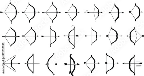 Bow and Arrow Vector Icon Set in Black Silhouette Style .