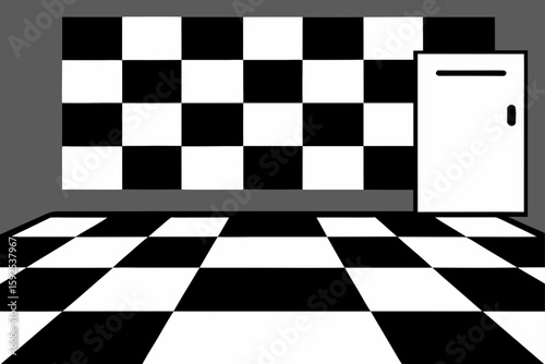 black and white checkered tile floor in retro kitc