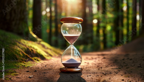 time stands still hourglass paused on forest path embodies times pause symbolizing lifes suspended fleeting moments of peace