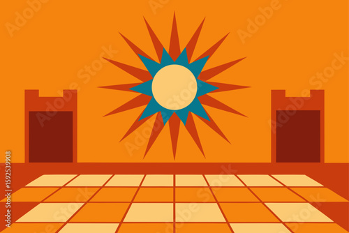 spanish hacienda floor with sunburst tiles