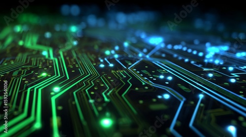 Glowing neon circuit board with digital connections in futuristic technology design