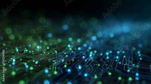 Futuristic circuit board with glowing blue and green connections in digital network