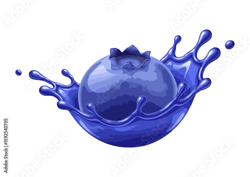 Fresh blueberry with juice splash in vibrant blue colors and realistic design