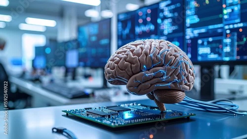 artificial brain made of cables and microchips on a laboratory table