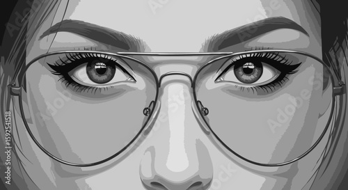 Stylized monochrome female eyes with aviator glasses in black and white, representing focus.
