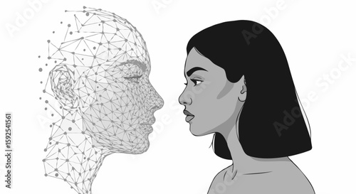 Conceptual AI female face profile interacting with human mind in black and white with copy space.