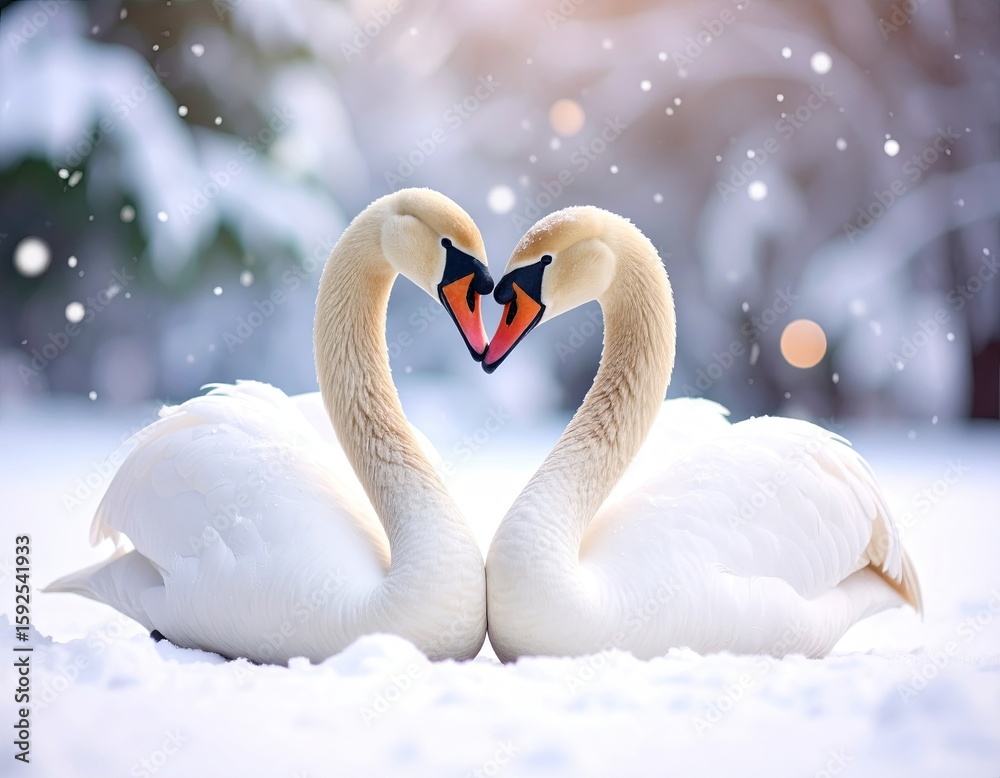 Fototapeta premium Two swans in love, snowy winter scene