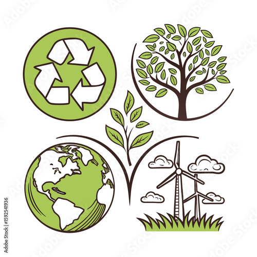 Eco friendly icons – recycle, tree, energy bulb, leaf, green vector set .