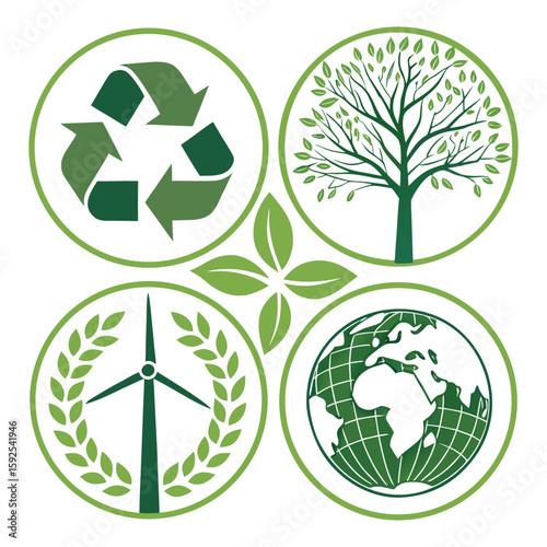 Eco friendly icons – recycle, tree, energy bulb, leaf, green vector set .