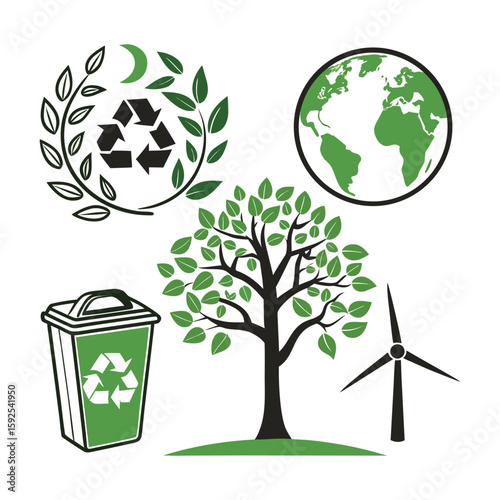 Eco friendly icons – recycle, tree, energy bulb, leaf, green vector set .