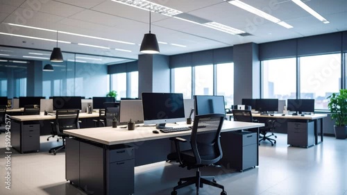 Interior of an office with multiple workstations