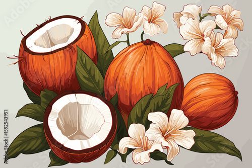 Coconuts watercolor sketch. Fresh Cocos nuts and leaves colorful watercolor paint isolated  coconut ingredients painted drawing, coco color vector illustration