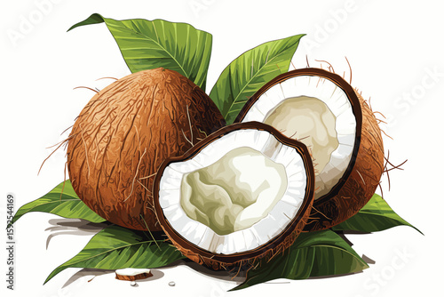 Coconuts watercolor sketch. Fresh Cocos nuts and leaves colorful watercolor paint isolated on white background, coconut ingredients painted drawing, coco color vector illustration