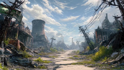 Wallpaper Mural Ruins of an abandoned industrial city with collapsed cooling towers, broken power lines and cracked asphalt under bright blue sky. Concept of post-apocalyptic decay and urban silence Torontodigital.ca