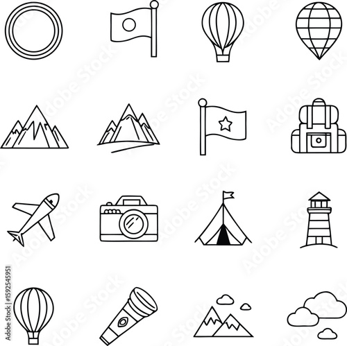 Travel and camping icon sets vector collection with tourism and outdoor adventure symbols