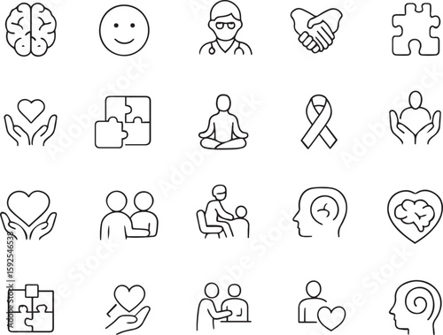 Mental Health & Therapy Vector Icon Set. Brain, speech bubble, puzzle, conversation, meditation, lotus, support, call, empathy, 24/7, cloud thinking, checklist icons