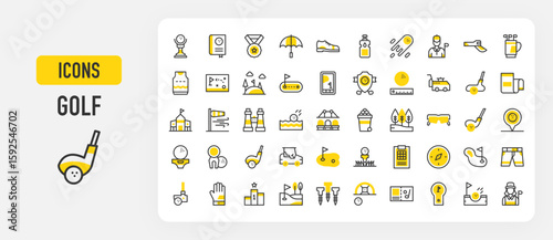 Golf icons. Golf Club, Hill, Umbrella, Trees, Hole In One, Binocular, Golf Gloves, Lake, Golf Cart, Golf Caddy, Lessons, Distance, Basket, Bag, Field, Stick vector stroke illustration.	
