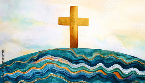 watercolor painting of a golden cross standing on a hill with teal and orange wavy lines below simple serene and spiritual image suggesting hope and faith