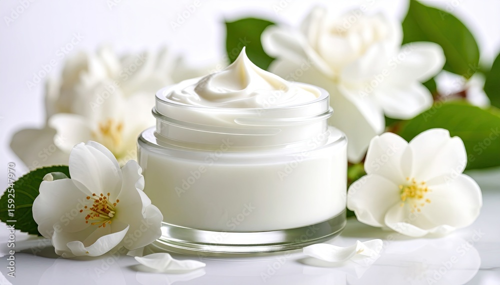 White cream jar surrounded by white flowers and leaves White cream jar surrounded by white flowers and leaves