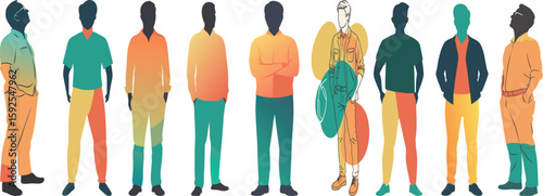 Diverse men in colorful gradient outfits standing people fashion
