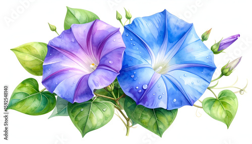 Beautiful Watercolor Illustration of Morning Glory Vine Flowers