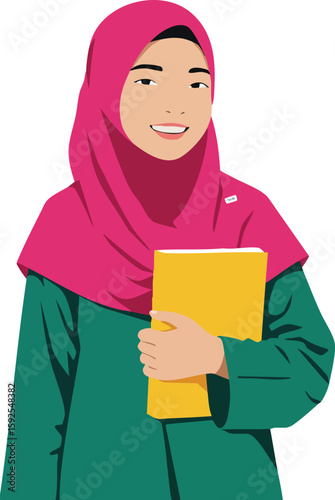 Young woman wearing pink hijab holding yellow book smiling confidently vector illustration 