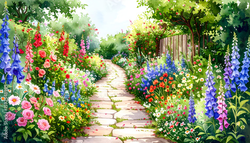Charming Watercolor Garden Scene with Winding Stone Pathway