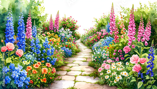 Fototapeta Naklejka Na Ścianę i Meble -  Charming Watercolor Illustration of Stone Path in Flower Garden