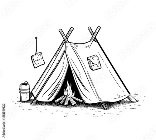 Hand-Drawn Camping Tent Outline with Lantern and Log Clipart
