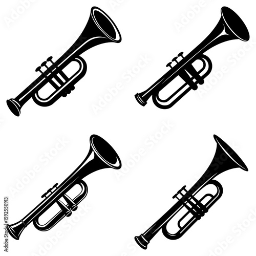 Four black and white trumpet illustrations arranged in a square pattern on a white background space