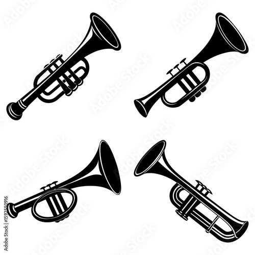 Four black and white trumpet illustrations arranged in a square formation on a white background image