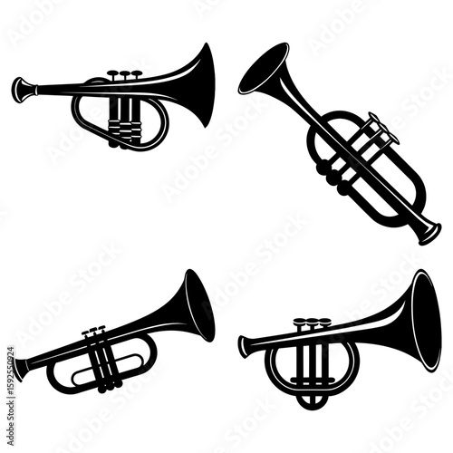 Four black and white trumpet illustrations arranged on a white background in various orientations